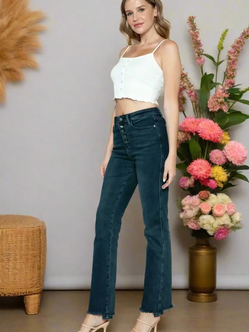 Judy Blue Button Fly Straight Leg Jeans – High Rise Stretch Denim, Streetwear, Spandex, Minimalist, Everyday, Cotton, Fitted