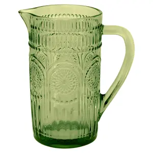 Boston International Vintage-Inspired Glass Pitcher with Embossed Floral Pattern, 4.5" x 7.75", Olive Green Codi