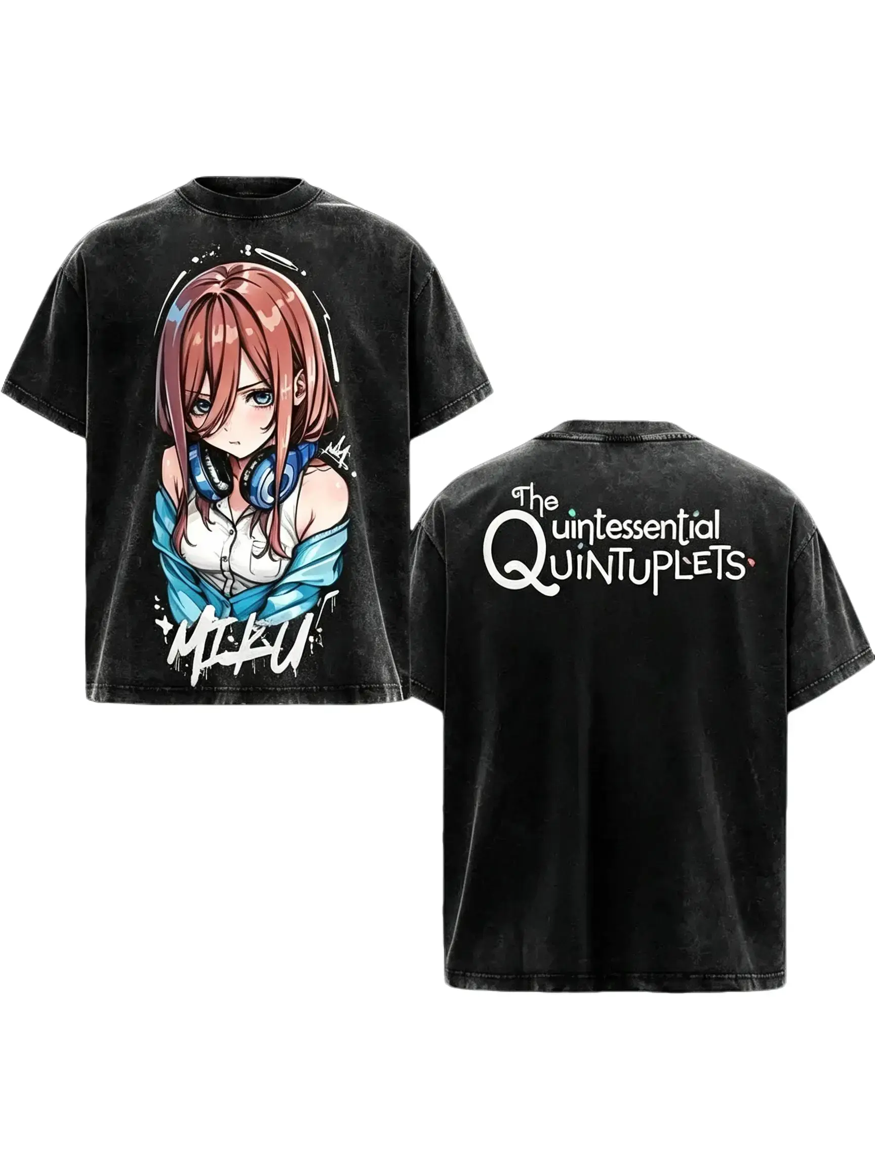 The Quintessential Quintuplets Miku Nakano Anime T Shirt Men Women Vintage Washed Black Graphic Tee Oversized Streetwear Y2K Harajuku Fashion Casual Short Sleeve Top Japanese Anime Fan Gift Trendy Summer Outfit
