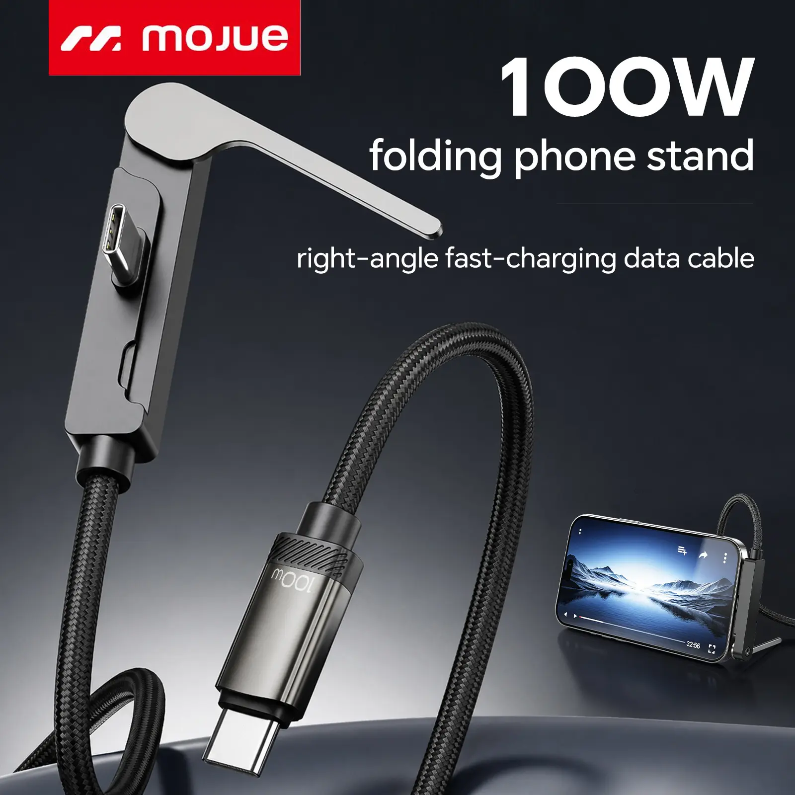 MOJUE Invisible Stand Type-C/LIghtning Charger Cable, 100W Super Fast Charging 2-in-1 Charging Cord & Phone Holder for Gaming, Office, Car Travel – Black