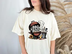 BBQ Boss TShirt, Funny Grill Master Gift for Dad, Summer Cookout Tee, Vintage Barbecue Shirt, Pitmaster Outfit with Sunflower Style , Special Gift Shirt
