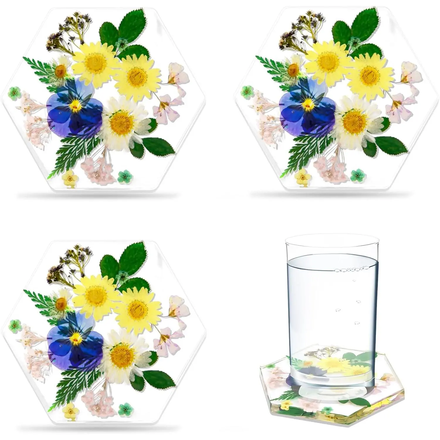 Drink Coasters Set of 6: Hexagon  Coaster - Flower with  foil  Coasters for Desk (6, White Flower)
