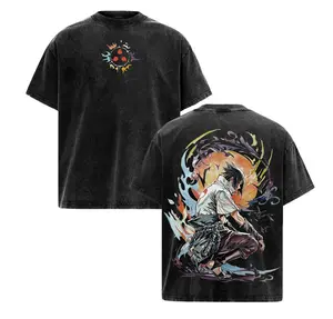 Sasuke Uchiha Vintage Washed Oversized Tee | Eternal Mangekyo Sharingan Graphic Shirt | Fire & Shadow Anime Streetwear | Naruto Inspired Design | Gift for Anime & Manga Fans