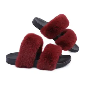 Home and Out Slides Gift Slippers for Srping and Early Summer - Red Fur Soft Fluffy Slippers for Women, Comfortable and Versatile Flats