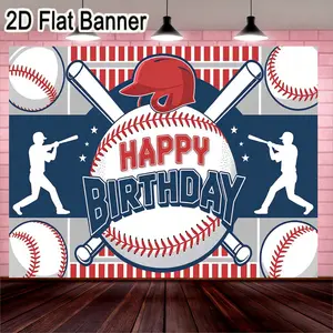 2D flat banner, 1pc Happy Birthday Baseball Theme Banner, Festive Baseball Design with Large Baseball, Helmet, and Crossed Bats, Perfect for Baseball Enthusiast Parties, Includes Player Silhouettes and Star Accents, Party Decoration Supplies
