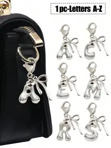 Silver Color Cute Bubble Letter Pendant for Bags, Lucky Crystal A-Z Charms with Bow, Best Spring Summer Accessory for Gifts, Fashion Bag Charms, Sparkly Bag Charm, Bag Charm Keychain