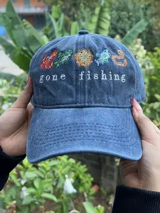 Gone Fishing Pixel Washed Embroidered Hat, Baseball Cap, Dad Hat, America Patriot Cap, Fish Lover Hat, Casual Wear, Headwear, Fishing Washed Cap, Fisherman Gifts