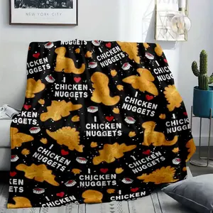 Funny Dino Chicken Nuggets Flannel Blanket, Cute Dinosaur Nuggy and Heart Pattern Plush Throw, I Love Chicken Nuggets Soft Fleece for Kids and Adults, Playful Foodie Gift for Her or Him, Cozy Lightweight Bedding for Dorm and Couch Decor