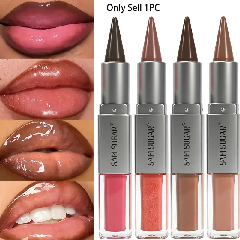 Two in one Lip Gloss Balm lipliner moisturizing Long Lasting Glossy hydrating texture lasting makeup cosmetic easy to apply double head lip gloss