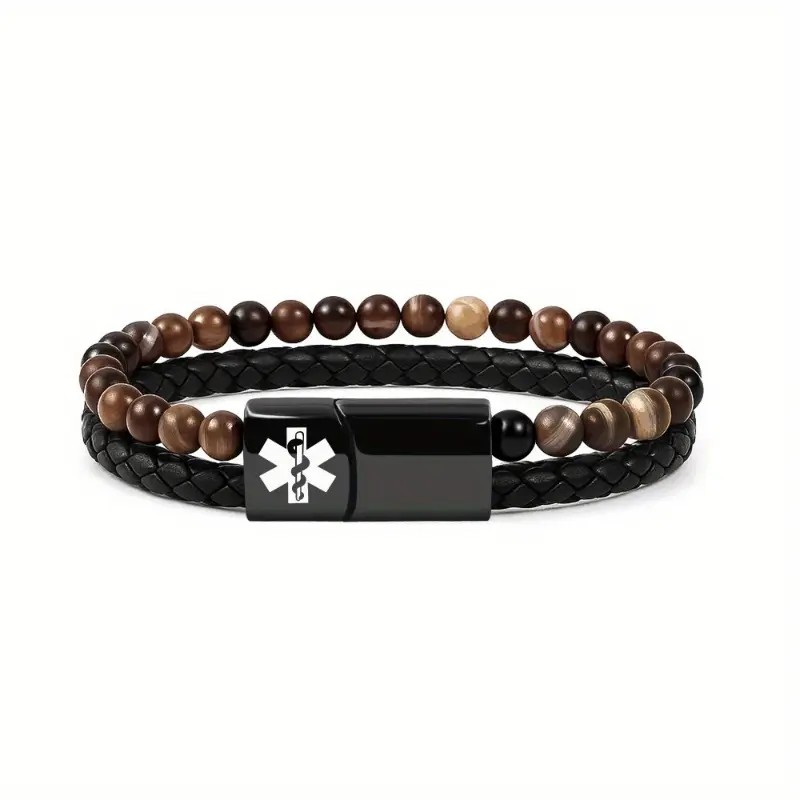 Preppy Medical ID Bracelet with Tiger Eye & Agate Beads, Double Layer Black Artificial Leather Cord and 304 Stainless Steel Tag, Black Imitation Leather, Bangle