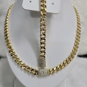 # 0145 Cuban Set with Diamond Closure Size 18 and Pulse 7 14k Gold Plated Chain Necklace and Bracelet
