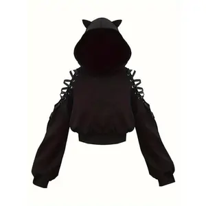 Women’s Gothic Cat Ear Hoodie, Halloween Cosplay Cropped Sweatshirt Top with Hood, Casual