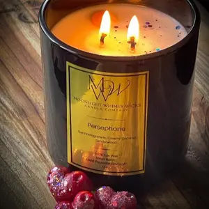 Persephone Luxury Soy Wax Candle - Luxury Soy Candle decor with the fragrance of creamy peach, ruby red raspberry with a light burst of coconut. Wick Ornaments