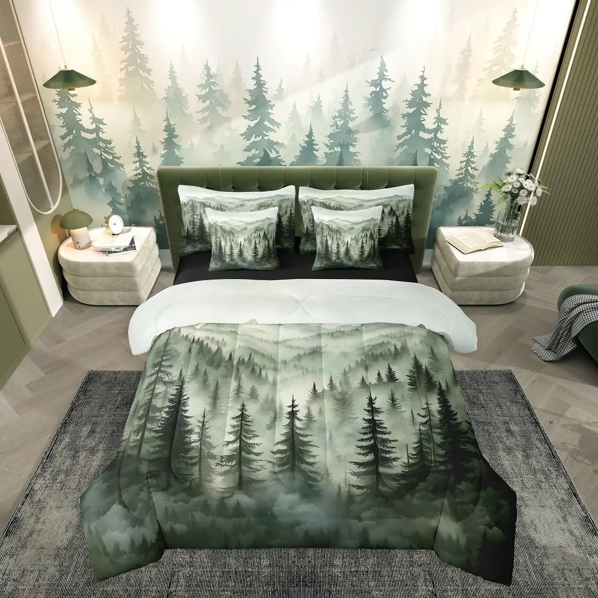 Feelyou Comfy Full 7-Pcs Bedding Set - Breathable All-Seasons Comforter, Bedsheet & Duvet Cover, Rustic Woodland Pine Tree/Jungle Plants Design, Smoky Mountain Forest Green, In-A-Bag Quilt Set for Adults, Bedroom Decor Ideas, Bed Accessories