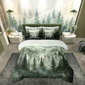 Smoky Mountain Bedding Set,Nature Forest Green Comforter Set,7 Piece Rustic Woodland Botanical Pine Tree Bed in A Bag for Kids Adults Natural Jungle Plants Sheet Set,with Comforter,