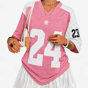 Oversized Jersey Women V Neck Tshirt Number Graphic Tee Y2k Streetwear Short Sleeve Top