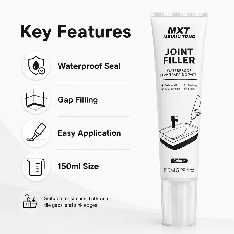 Waterproof Caulk Tape+Scraper Kit, 150ml Interior Joint Filler Sealant for Bathroom-Kitchen Tile Joints & Edges, DIY User Tool Set with Masking Tape, Smoothing Scraper for Scraping to Smooth & Sealing Gaps