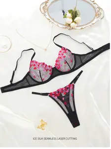 Sexy Comfortable Underwear Set, Plunge Neckline, Medium Support, Embroidered Thong, Unlined, All Seasons, Slim-Fitting