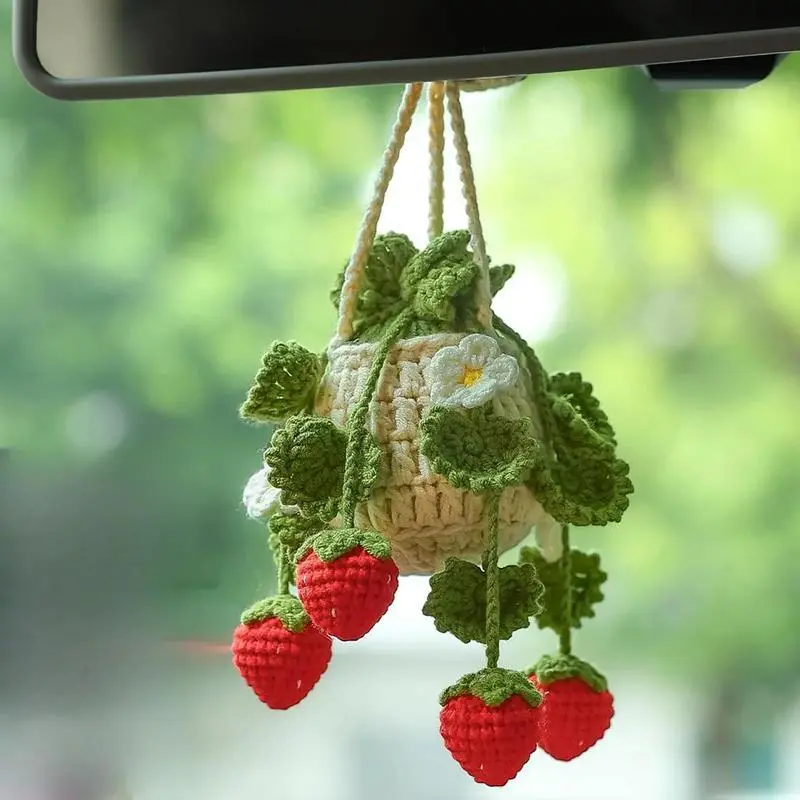 Cute Plant Crochet Rearview Mirror Accessories, Handmade Car Mirror Hanging Decorations, Women's Car Decoration Items, Fun Car Accessories, Car Trinkets