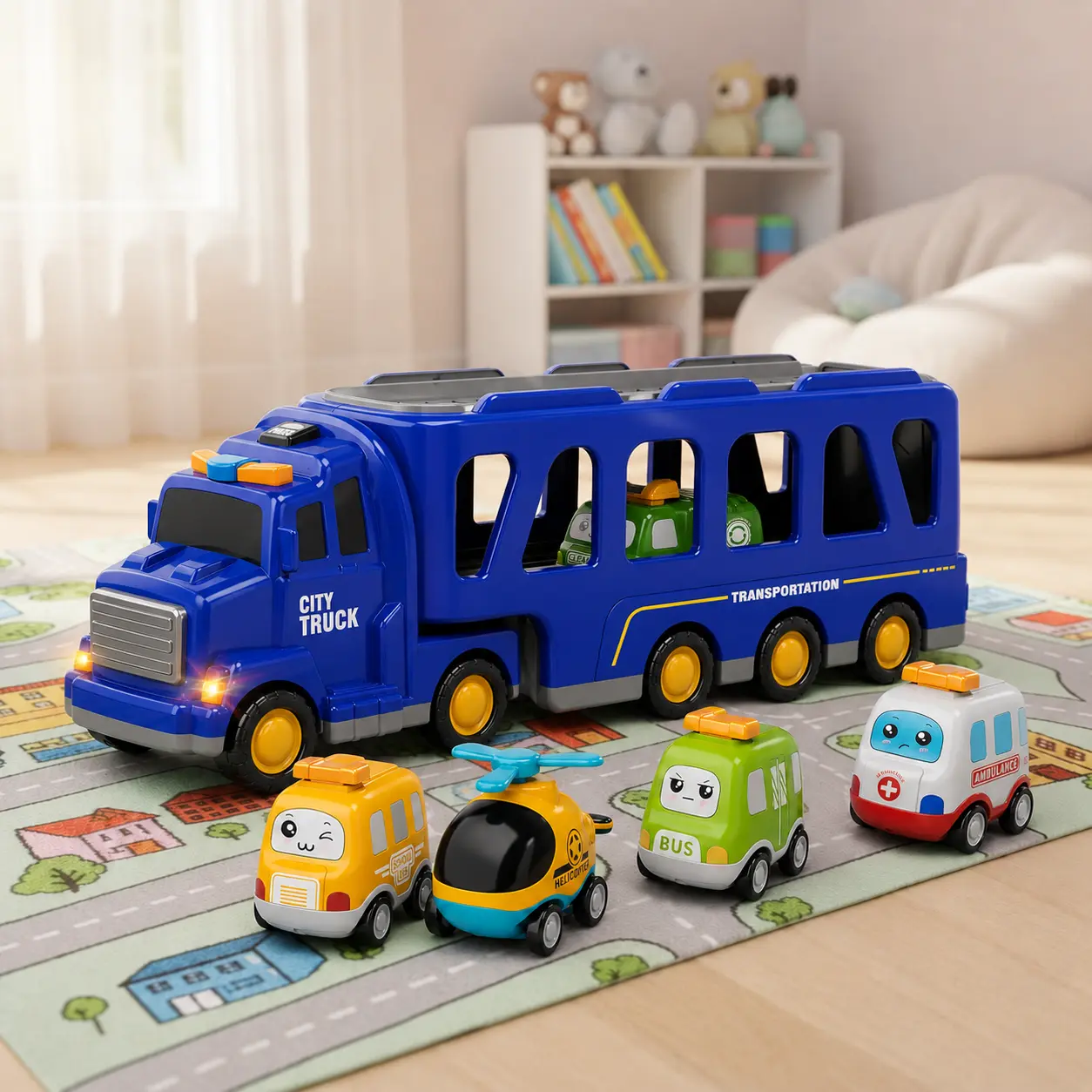 Unisex 6-Piece Inertia Semi-Trailer Truck Educational Toy Set for Preschool Children,Mini Transport Vehicle Models Built with Simulated Sound and Flashing Light Functions,Fit Multi-Scene Outdoor&Indoor Interactive Pretend Play,Sensory Fidget