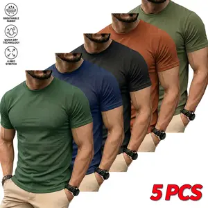 Pack of 5 men’s solid-color casual T-shirts—essential for summer outings. Skin-friendly and soft, they wick moisture, are breathable, quick-drying, lightweight, and comfortable—ideal for summer sports and fitness wear.