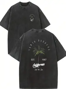 Santa Barbara California Palm Tree Graphic T-Shirt, Vintage Washed Surf Print Tee, Oversized Crew Neck Shirt, West Coast Beach Casual Short Sleeve Top, Trendy Coastal Aesthetic Cotton Tee for Surfing, Summer Vacation and California Style Fans