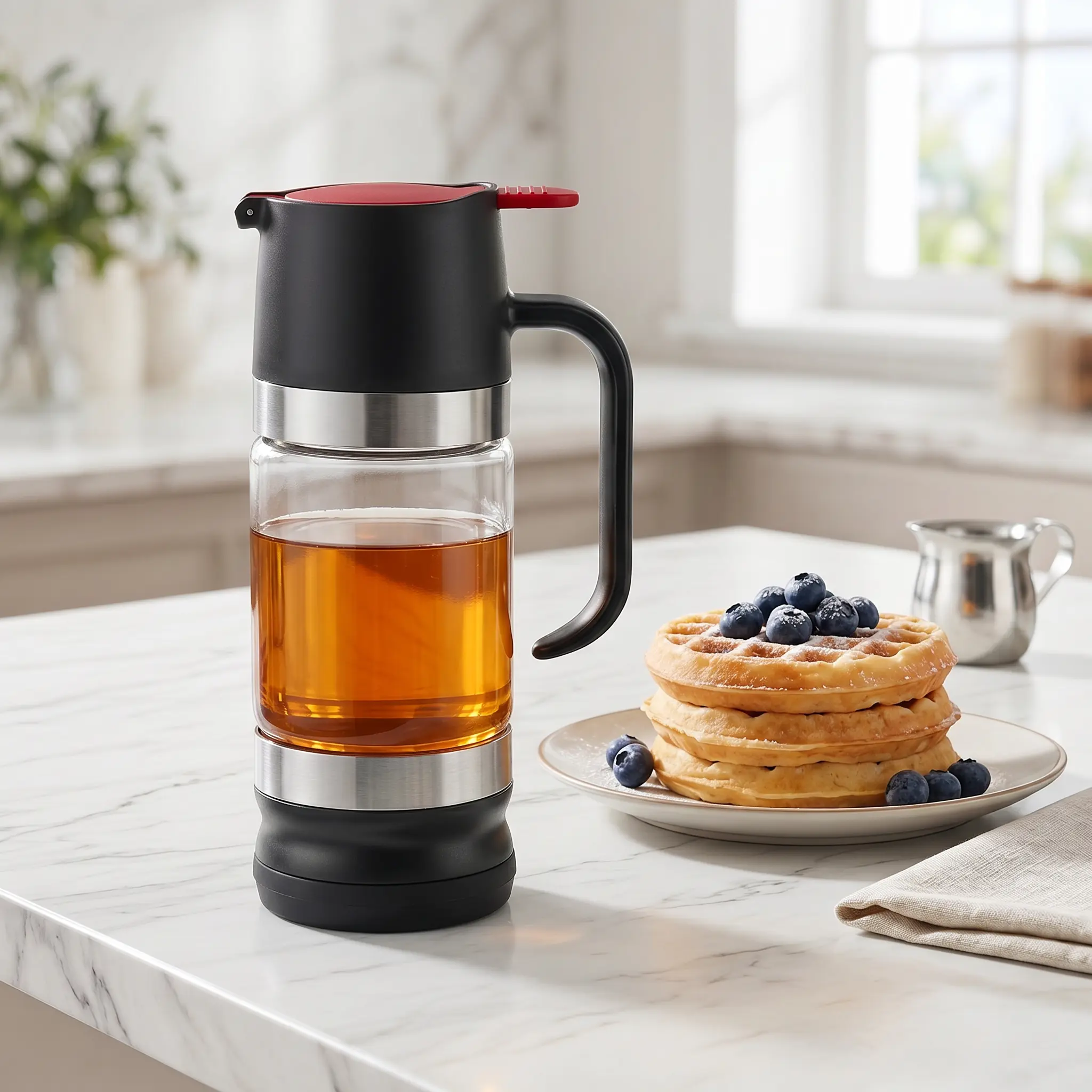 Glass Honey Dispenser, No Drip & Leak-Free Design with Handle, Suitable for Maple Syrup, Keeps Contents Fresh, Easy to Clean and Refill, Practical Kitchen Tool for Daily Use-MM1