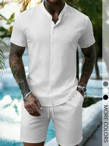 Men's 2-Piece Textured Short Sleeve Shirt & Shorts Set, Summer Casual Outfit for Beach Vacation Aesthetic
