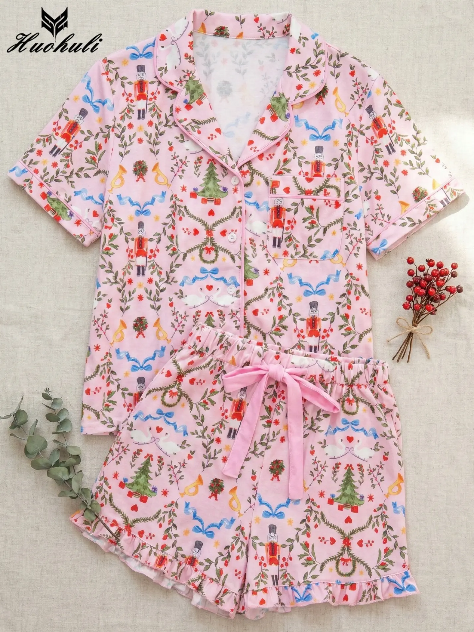 Women's Pink Nutcracker Doll Print Pajama Set Ribbon Bow Tie Waist Sleepwear Short Sleeve Top with Matching Shorts 2 Piece Pjs Soft Stretchy Loungewear Nightwear for Ladies
