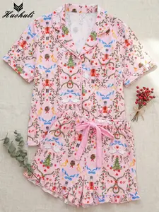 Women's Pink Nutcracker Doll Print Pajama Set Ribbon Bow Tie Waist Sleepwear Short Sleeve Top with Matching Shorts 2 Piece Pjs Soft Stretchy Loungewear Nightwear for Ladies