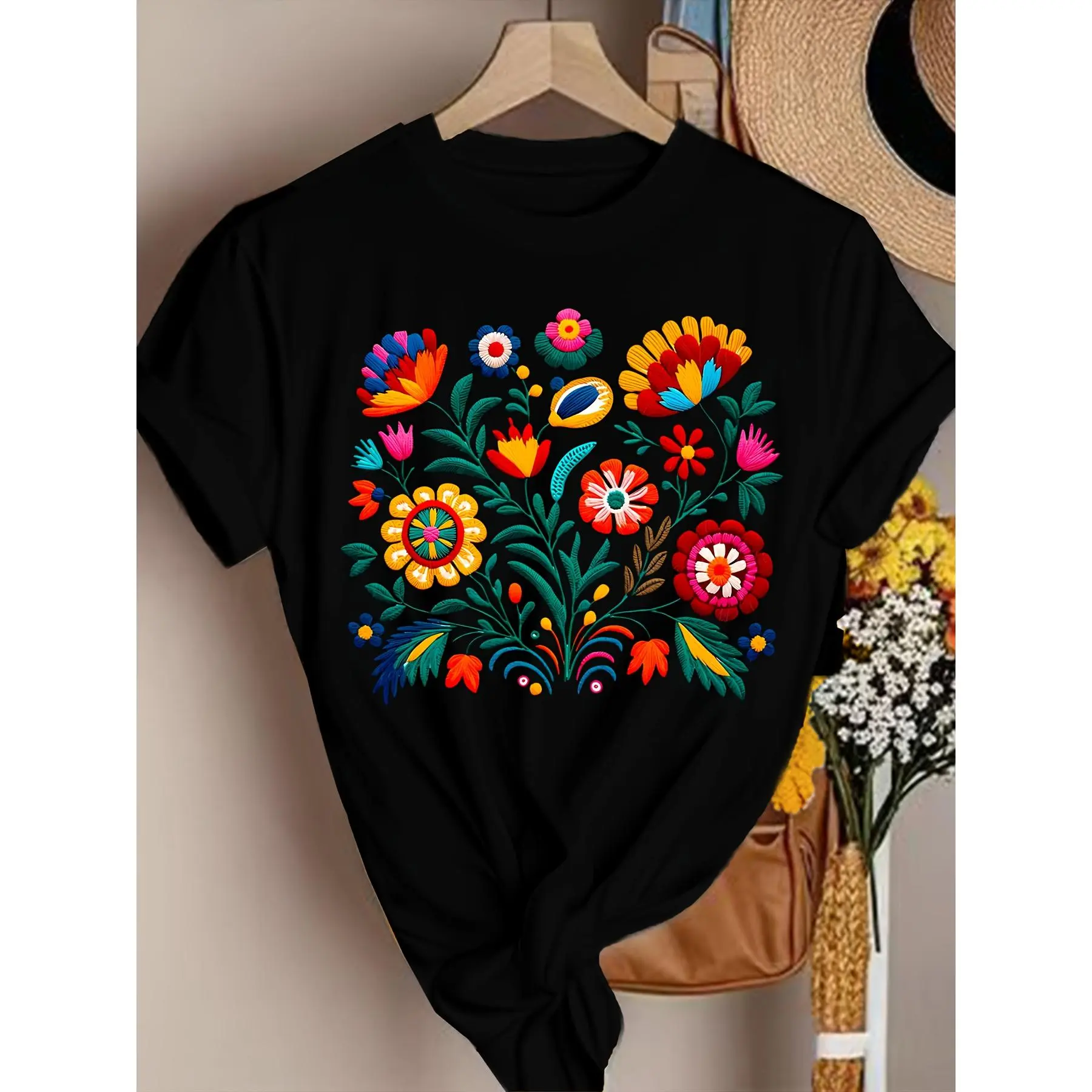 Mexican Color Floral Fiesta Letter Print T-shirt, Casual Short Sleeve Crew Neck Top Women's Clothing