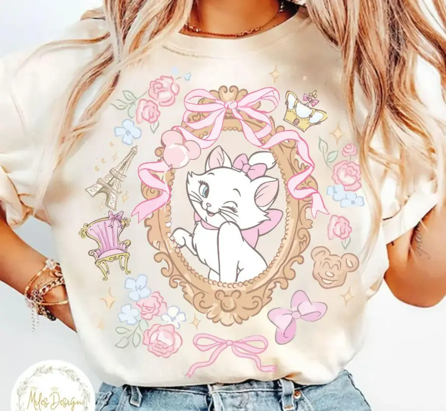 Retro The #Aristocats Bonjour Cat Coquette Bow, Happiest Place On Earth, Girls Trip 2025, Family Vacation, Funny, Cute tee, Cartoon Shirt, Sweatshirt, Hoodie