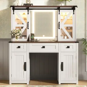 43.3" Beige Farmhouse Vanity Desk with Lighted Mirror & Charging Station, Dressing Table Set with Storage Drawers & Barn Door Shelves for Small Bedroom, No More Messy Counter, withdrawers, high capacity storage multi layer