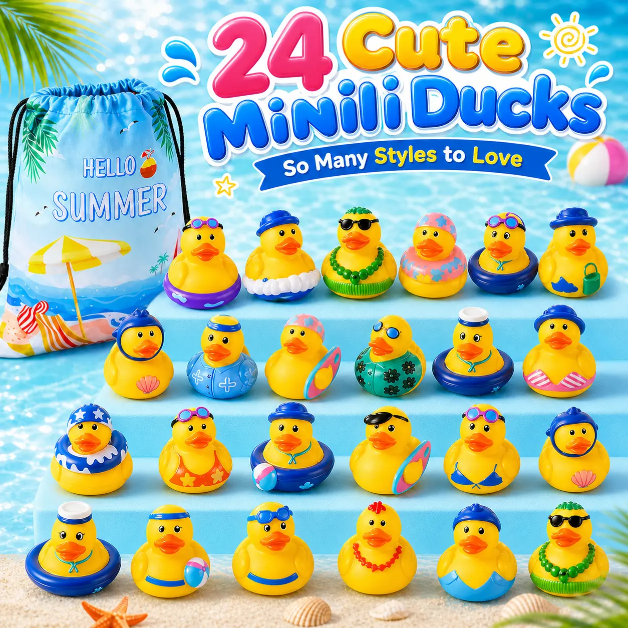 24-Pack Summer Rubber Ducks with Bag – Beach Theme Bulk Floater Ducks for Jeep Ducking, 2" Bath Toys for Kids, Pool Party Favors, Birthday Gifts & Summer Prizes