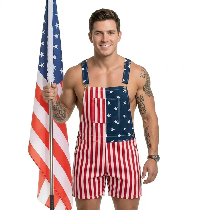 Stars & Stripes 4th of July Mens Denim Overalls Shorts USA 250th Anniversary Patriotic Flag Romper Stretchy Jean Jumpsuit Memorial Day Outfit TikTok Trending Summer Festival Streetwear Couples Matching Outfit Father’s Day Gift Outdoor Workwear Fashion