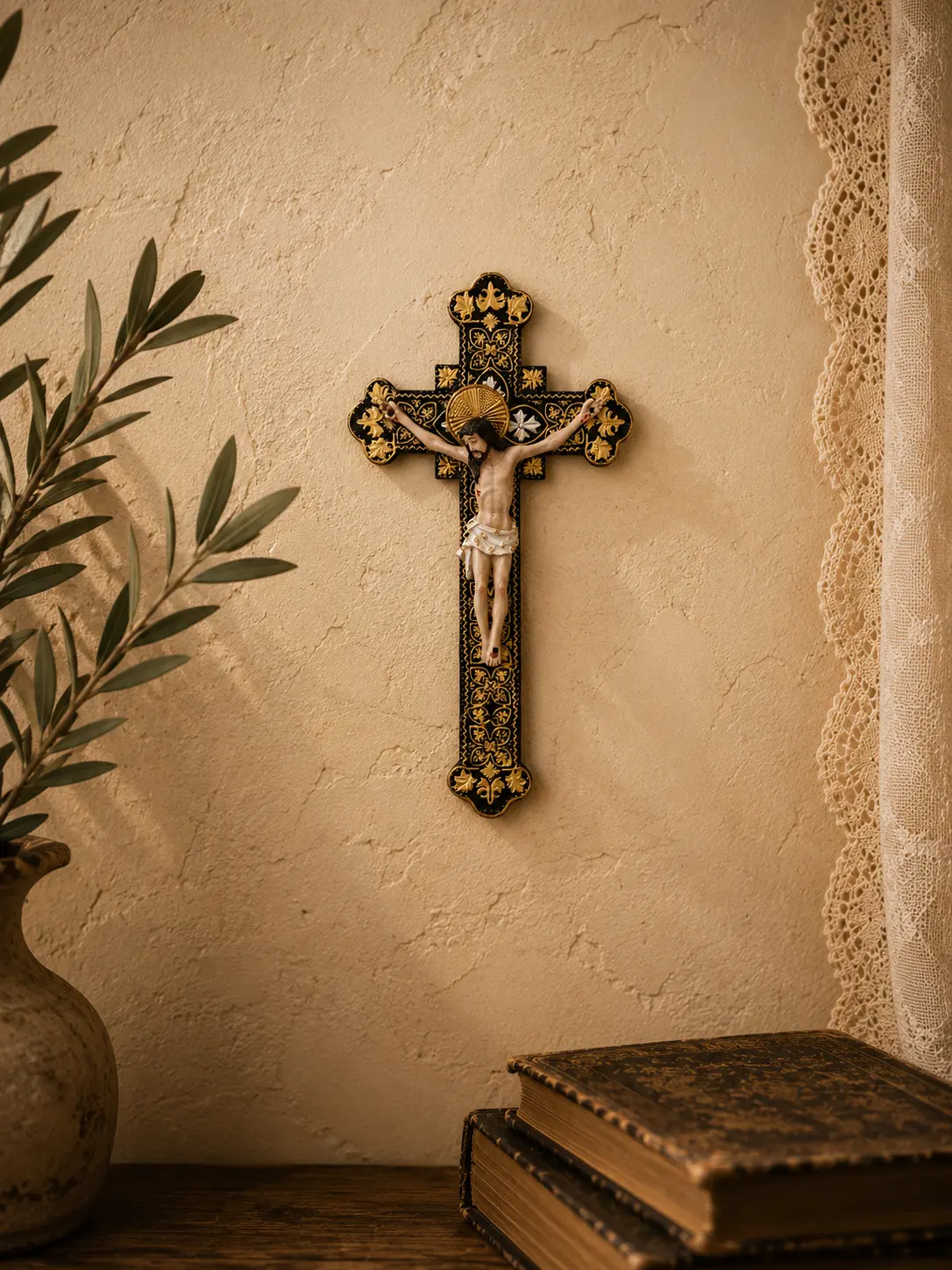 Ornate Black & Gold Budded Wall Crucifix | 8" Catholic Wall Cross with Corpus | Traditional Christian Home Decor | Home Altar Crucifix