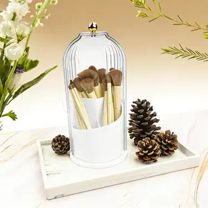 360° Rotating Makeup Brush Holder with Lid – Transparent Dustproof Organizer, Waterproof 3-Compartment Storage for Vanity, Bathroom & Desktop, Side-Pull Door Makeup Organizer for Brushes, Toothbrush & Toothpaste – Perfect Valentine's Gift