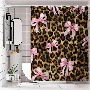 1/4 pcs leopard print and pink bow pattern shower curtain set, non-slip floor mat, U-shaped carpet, toilet lid cover, Bathroom Accessory, perfect for bathroom decoration, partition,  shower curtain hooks are included