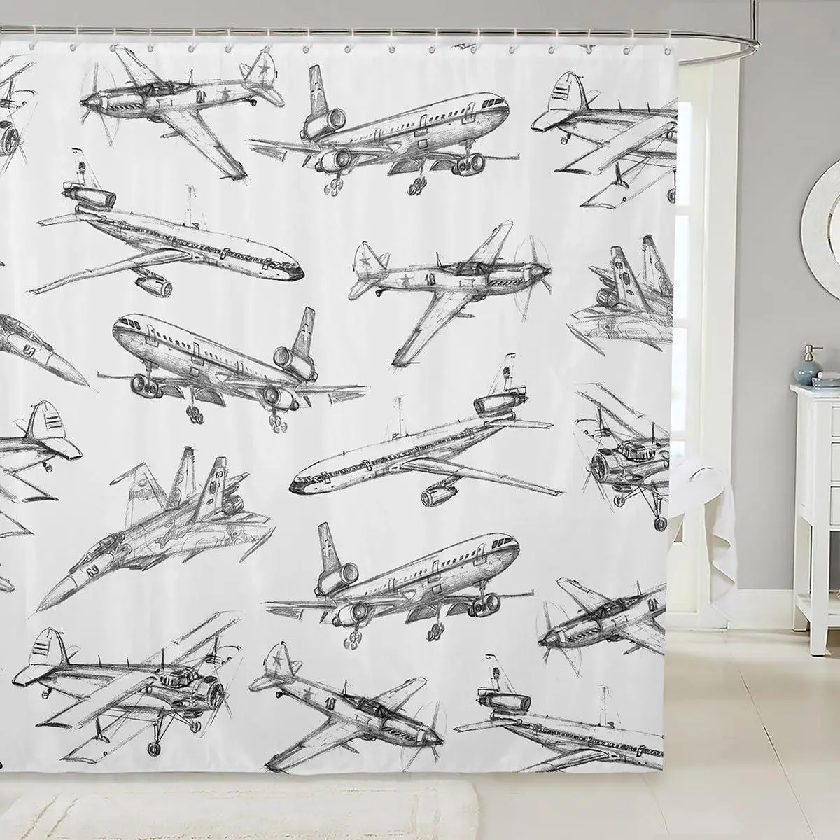 Feelyou Airplane Shower Curtain - Black White Sketch Print Flying Theme, Character-Themed, Colorful Print, Decorative Design, Fabric Pattern, Waterproof Washable Bathroom Curtain for Kids, Bathtub Decor, 12-Hook Set, Character-Themed Curtains, Colorful Pr