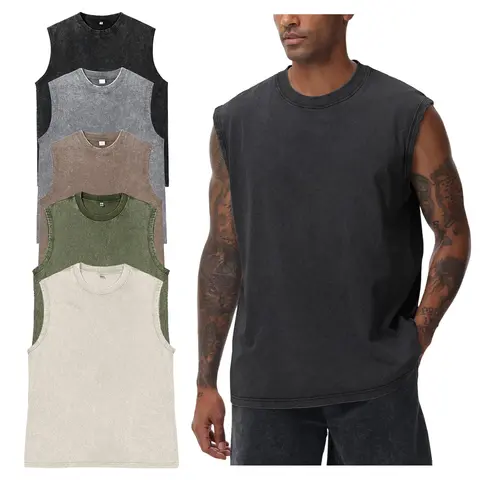 Gihuo 5PCS Mens Tank Tops Workout Sleeveless Shirts Acid Wash Cotton Tees Loose Gym Muscle Shirts Oversized Baggy Breathable Classic Stylish Unisex