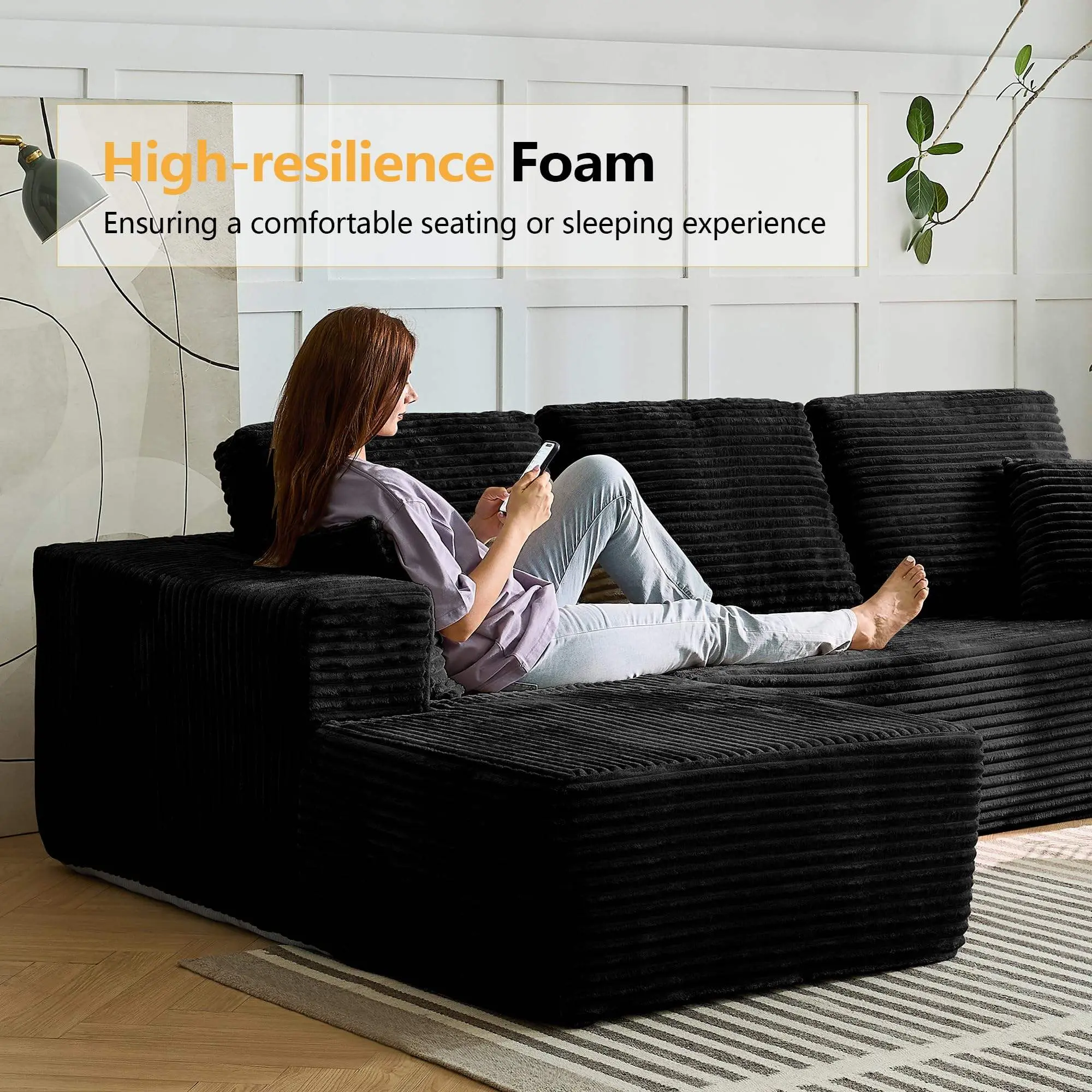 Corduroy L-Shape Chaise Cloud Sectional Couch, Boneless Compression Sleeper Bed Couch in a Box, Modular Deep Seating Upholstered Apartment Furniture, No Assembly Required High-Density Foam Living Room Piece back support plush fabric chair bag Minimalist,