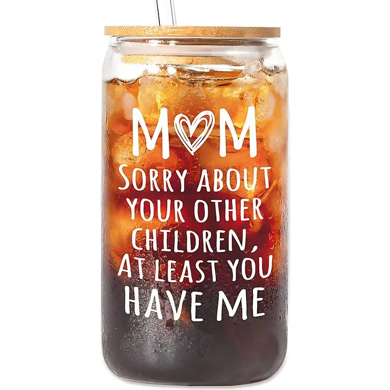 16oz Glass Cup with Straw & Brush, 1 Count Mom Letter Pattern Glass Cup, Drinking Cup for Home Office School Use, Gift for Mom, Small Kitchen Gadgets,