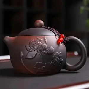 Large Capacity Handcrafted Purple Clay Teapot with Embossed Lotus Design - Smooth Pouring, Traditional Craftsmanship for Home Brewing & Gifting