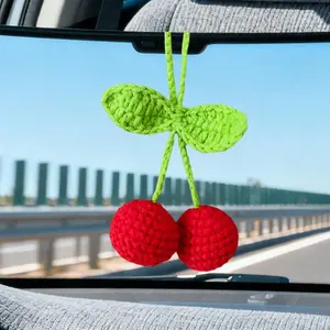Crochet Cherry  Accessories Interior Cute Cherry Rear View Mirror  Ornament Yarn Knitted  Mirror Decor Hanger Bag Charms   for Women Men