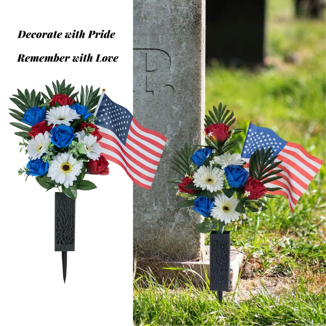 Memorial Day Flowers for Cemetery: 2 Pcs Outdoor Grave 250th Anniversary USA Decorations - Artificial Patriotic Cemetery Flowers for Grave - Red White Blue Roses with American Flags Vase