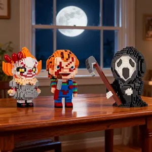 Halloween Microbead Building Blocks Set, Classic Horror Design Clown & Death-Themed Decorative Toy, Stress-Relief Puzzle Game