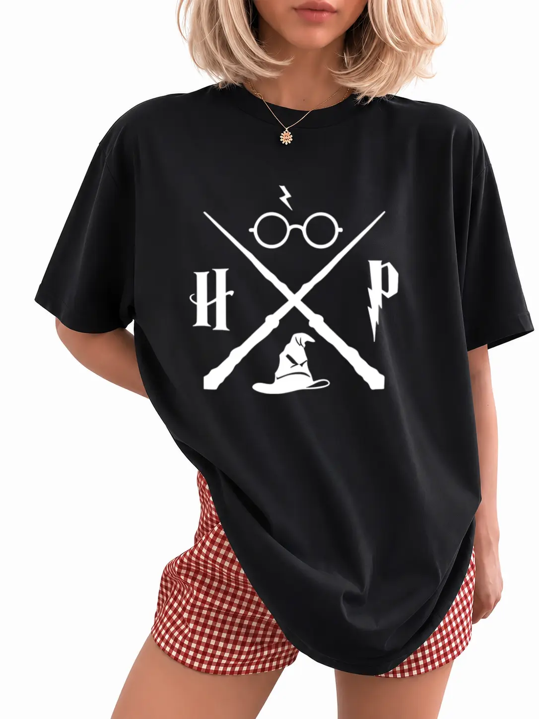 Wizard Hat Shirt Wizard Wand T Shirt HP Shirt Gift Short Sleeve Graphic T Shirts Magic School T-shirt Summer Fashion Tees Check Cotton
