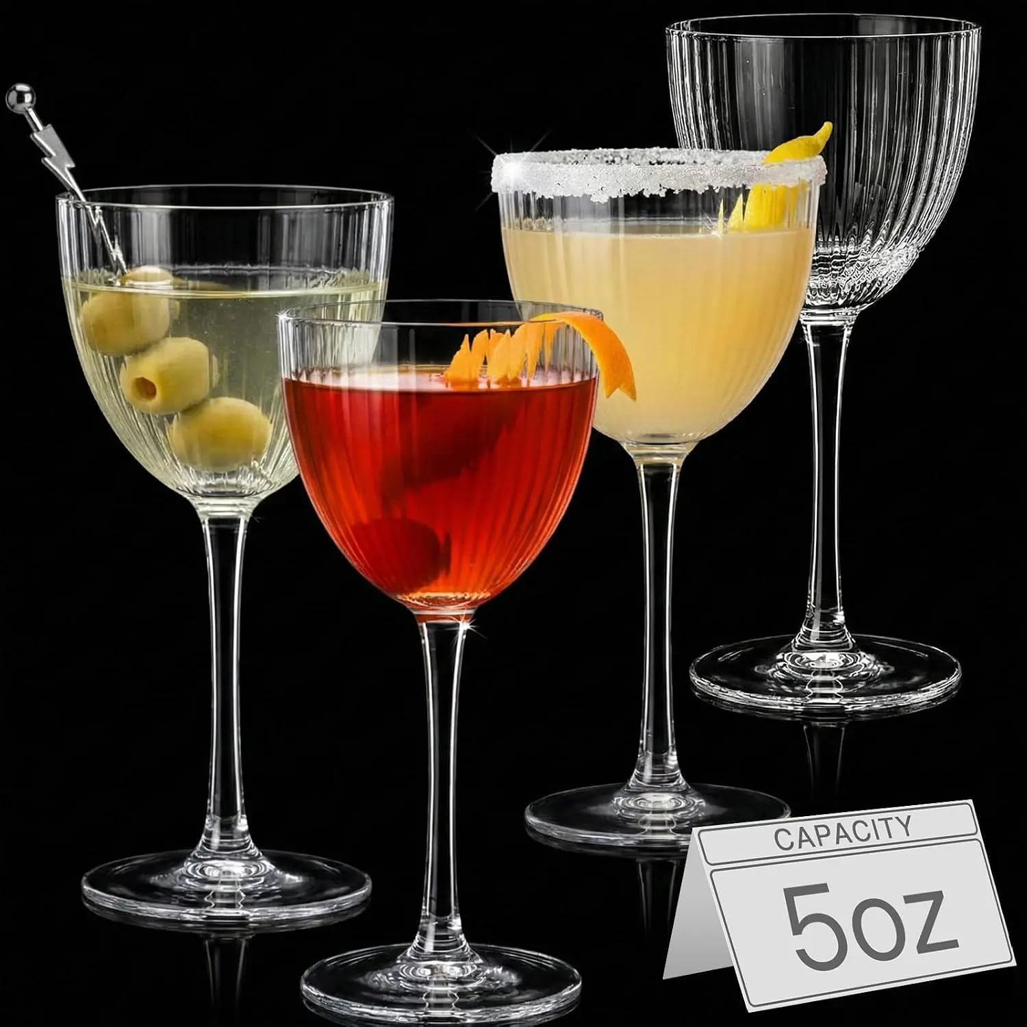 Physkoa Nick and Nora Cocktail Glasses Set of 4 – 5 oz Hand Blown 100% Lead-Free Crystal Ribbed Martini, Manhattan, Espresso Coupe Glasses for Home Bar, Birthday Wedding Housewarming Gifts