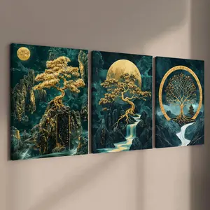 Tree & Moon Pattern Canvas Framed Painting, 3 Counts/set Abstract Art Landscape Decoration, Wall Art for Home Living Room Bedroom Office, Ornaments, Wooden Wall Art, Unique Artwork