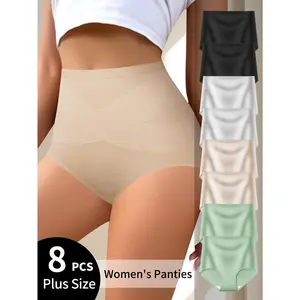 QUASTI 4/8 Pack Plus Size High-Waist Cotton Briefs for Women, Soft & Breathable Tummy Control Panties, Hip-Lifting Underwear Set, Elegant Solid Color Fashion Ladies Panty, Comfortable Daily Wear, 0XL-5XL
